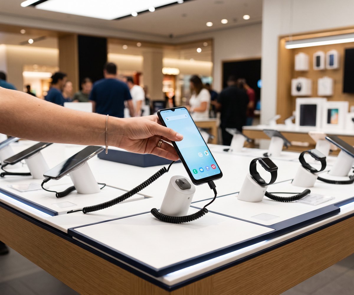 Produtos eletrônicos em exposição protegidos por cadeado eletrônico