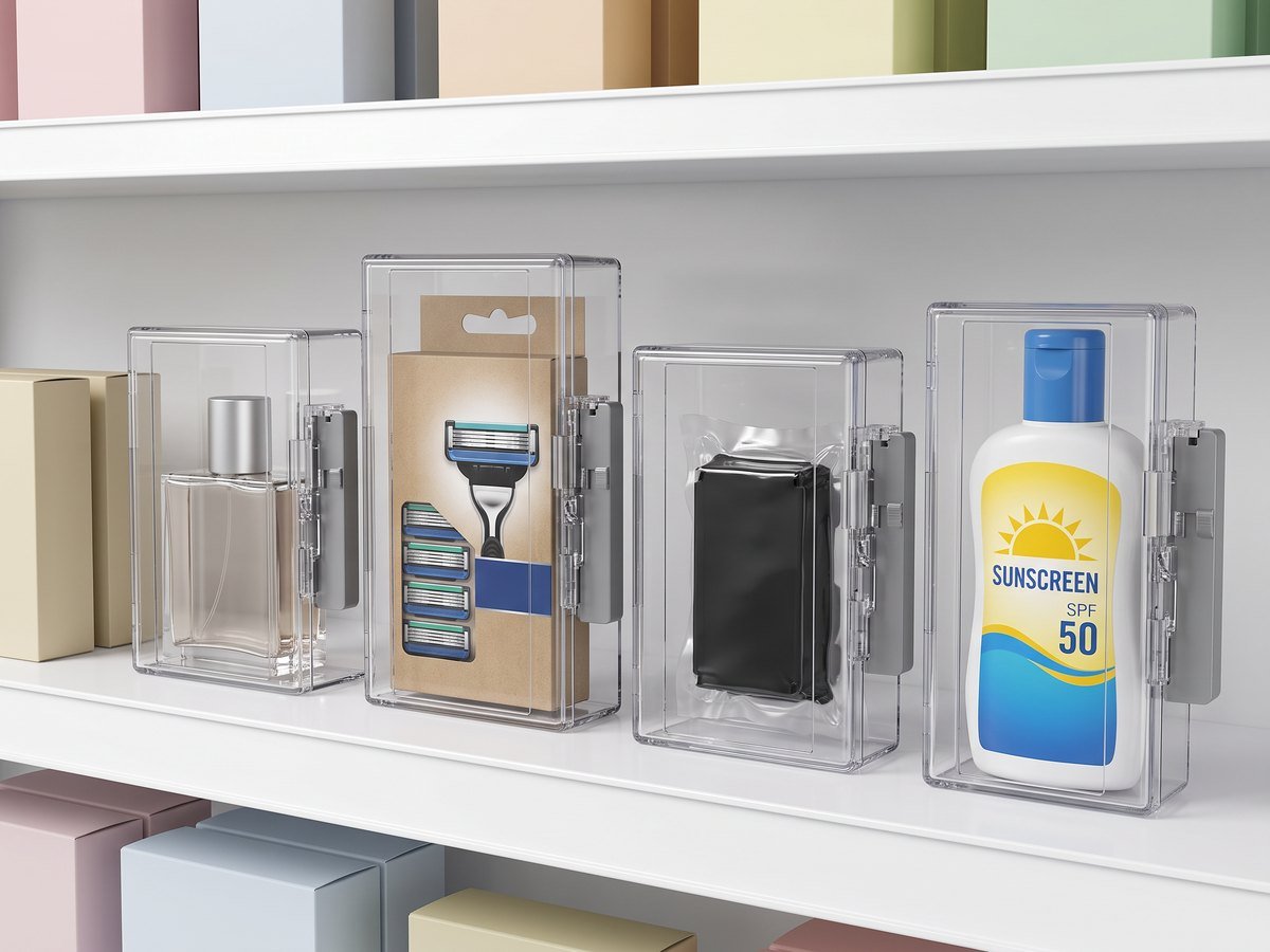 Caixas de policarbonato transparentes antifurto com perfume, lâminas, cartucho e protetor solar na prateleira