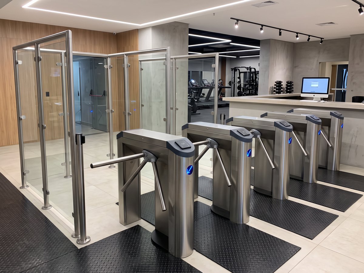 Fileira de catracas de controle de acesso em inox na recepção de uma academia