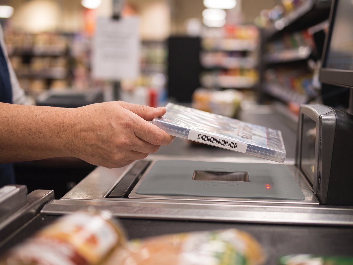 Operador de caixa de supermercado passando produto com etiqueta AM sobre o desativador
