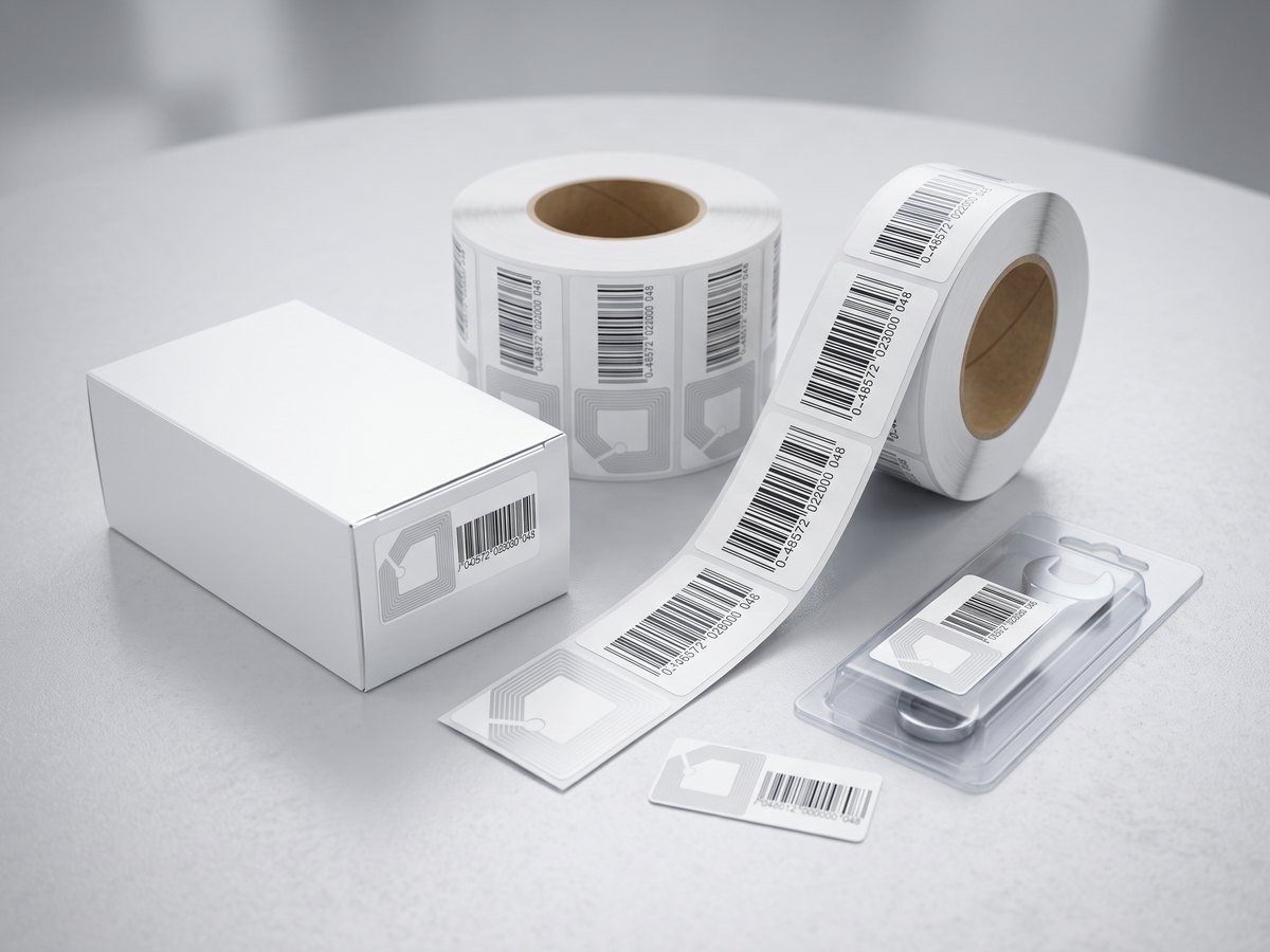 Rolos de etiquetas adesivas antifurto RF 8,2 MHz e etiquetas aplicadas em caixas de produtos