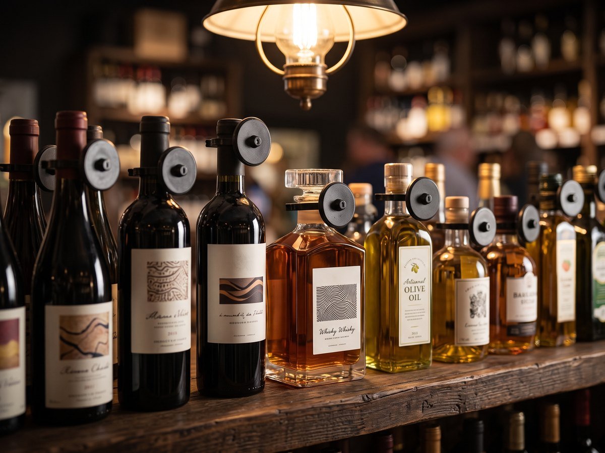 Garrafas de vinho, uísque e azeite em prateleira com etiquetas antifurto pretas no gargalo