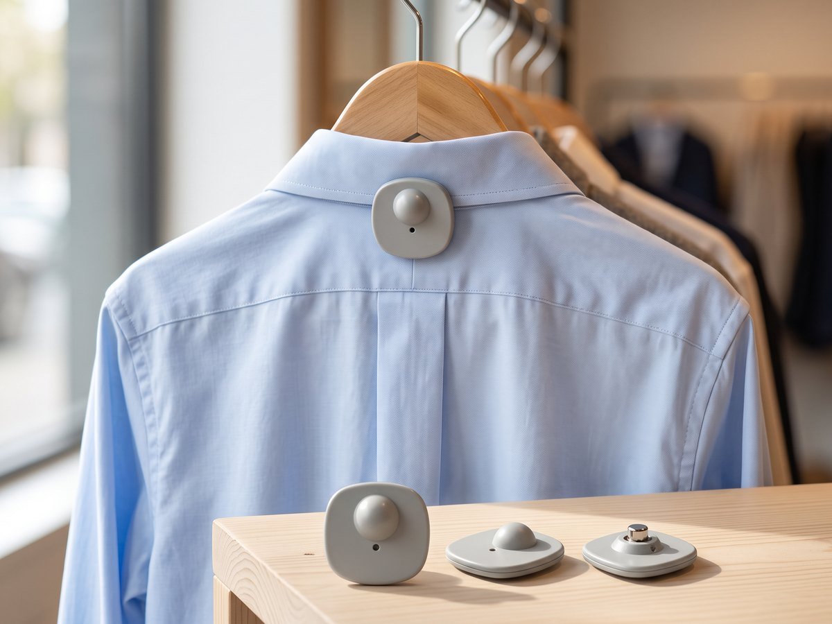 Etiqueta rígida antifurto cinza presa na gola de uma camisa social azul em loja de roupas