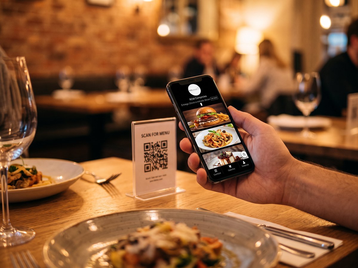 Cliente segurando celular com cardápio digital na mesa de um restaurante com placa de QR Code