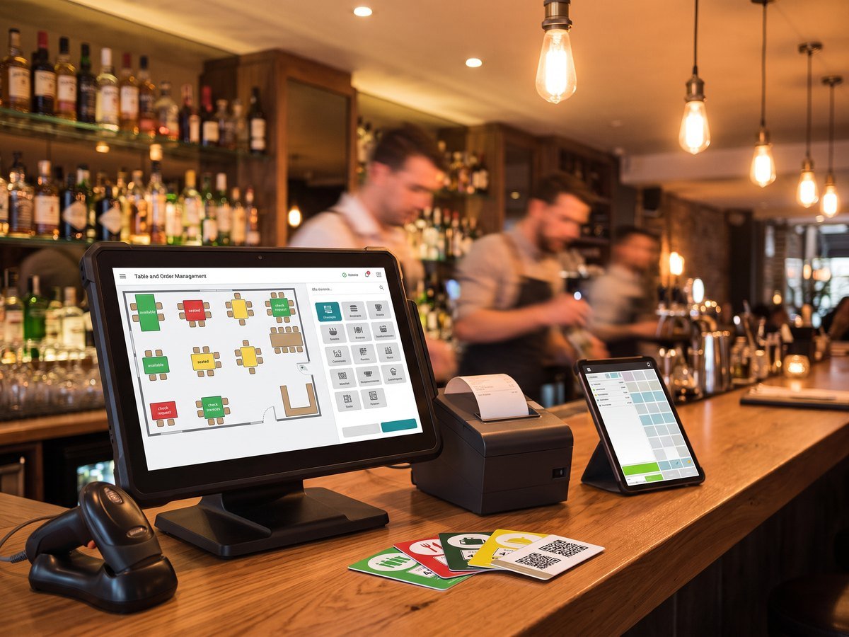 Balcão de bar com monitor de ponto de venda mostrando mapa de mesas, impressora térmica, tablet e comandas