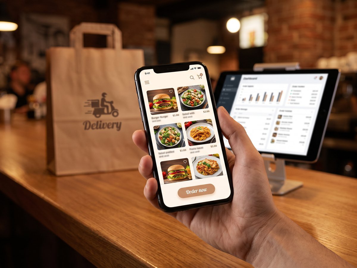 Mão segurando celular com aplicativo de delivery de comida no balcão de um restaurante