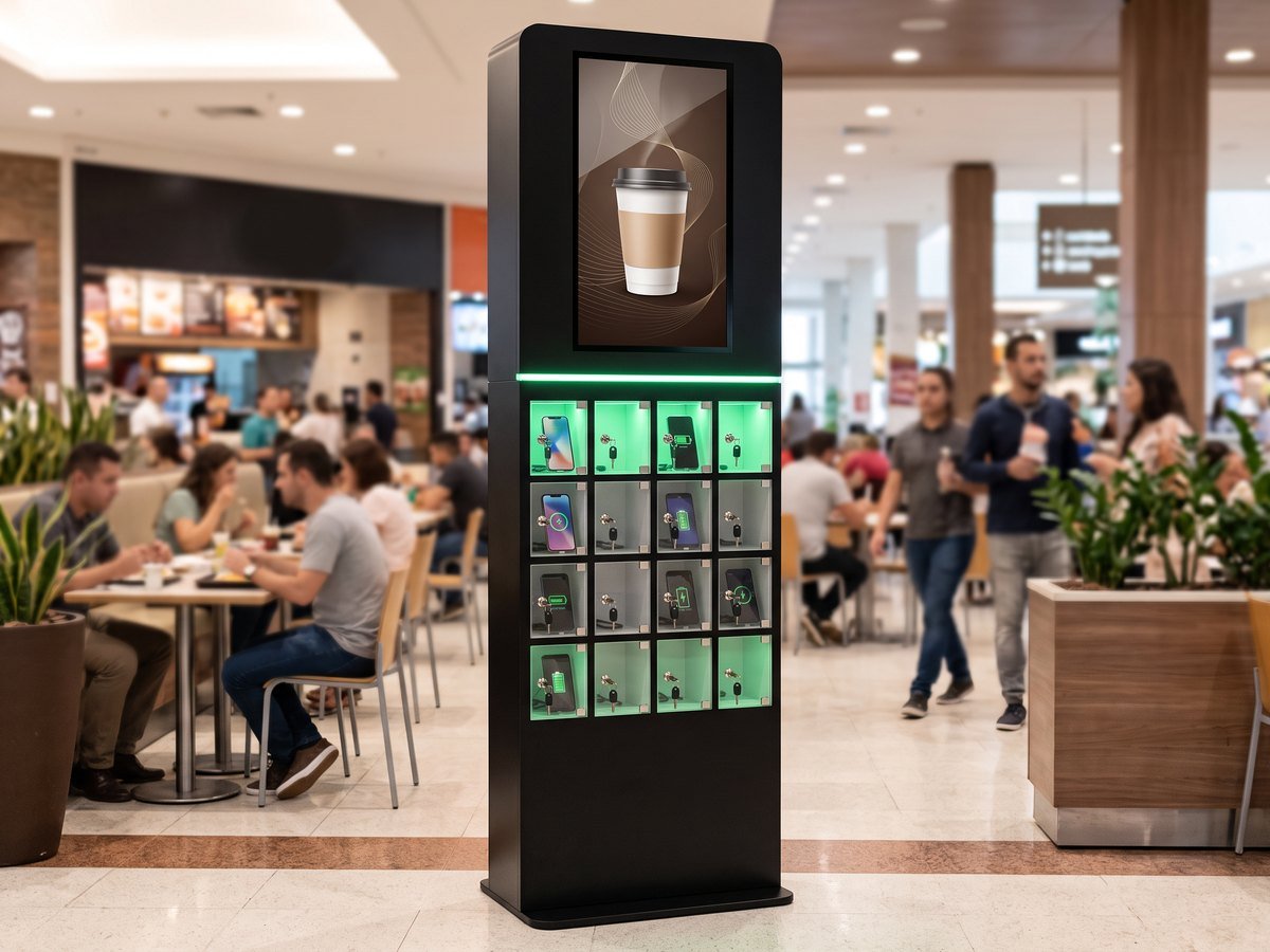 Totem carregador de celulares com monitor de anúncios e compartimentos com chave em praça de alimentação